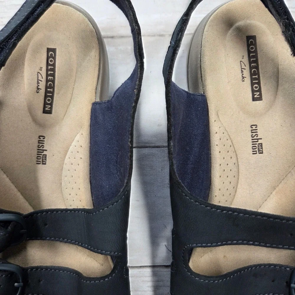 Clarks Saylie Quartz Sandals Women 9.5W Navy Blue Slingback Cushion Soft Strappy